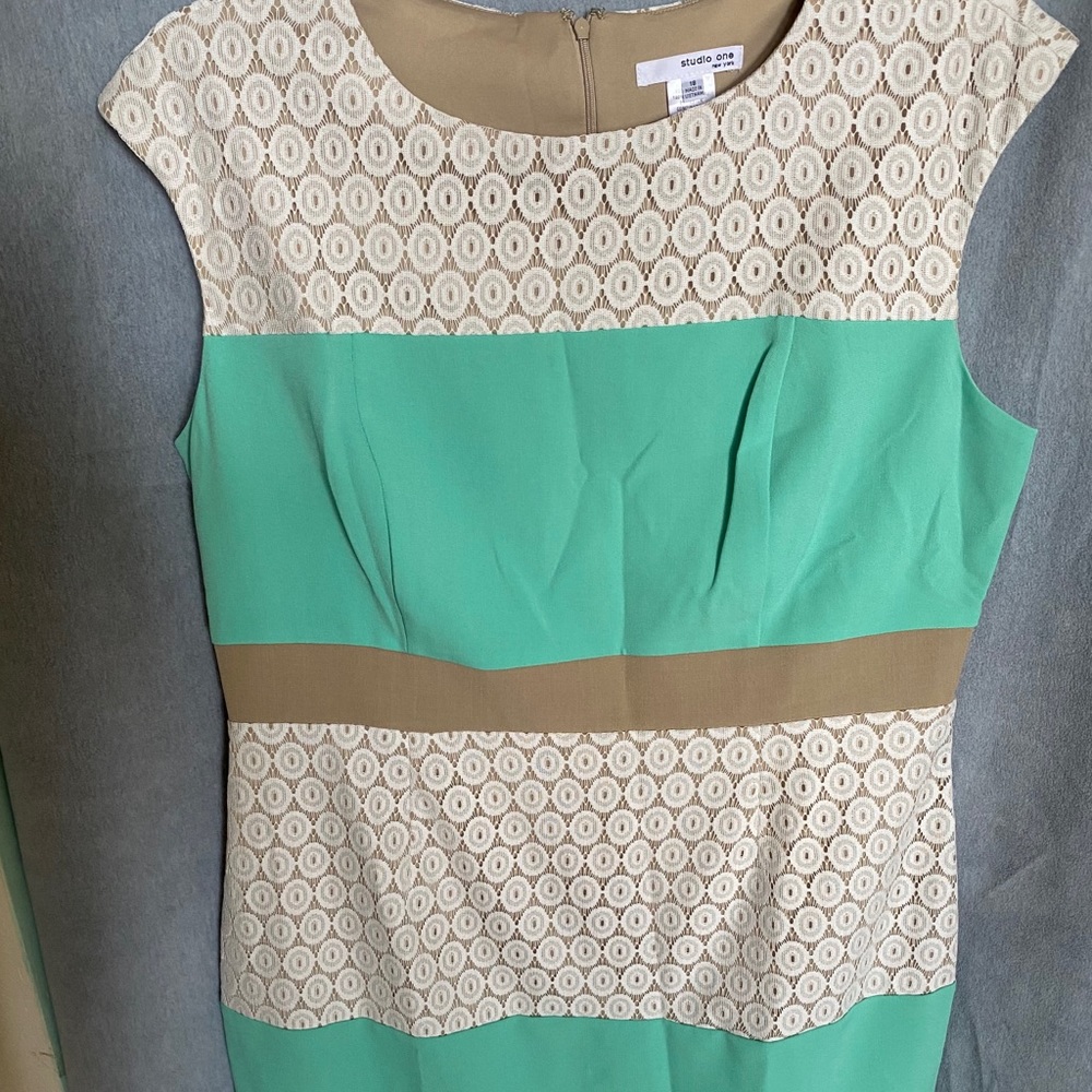 Teal, Tan, and White Lace Dress